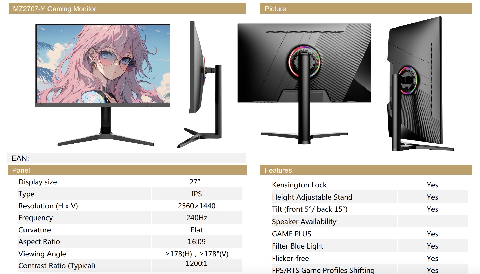 AIWA brand monitor 27 inch 240HZ 2K